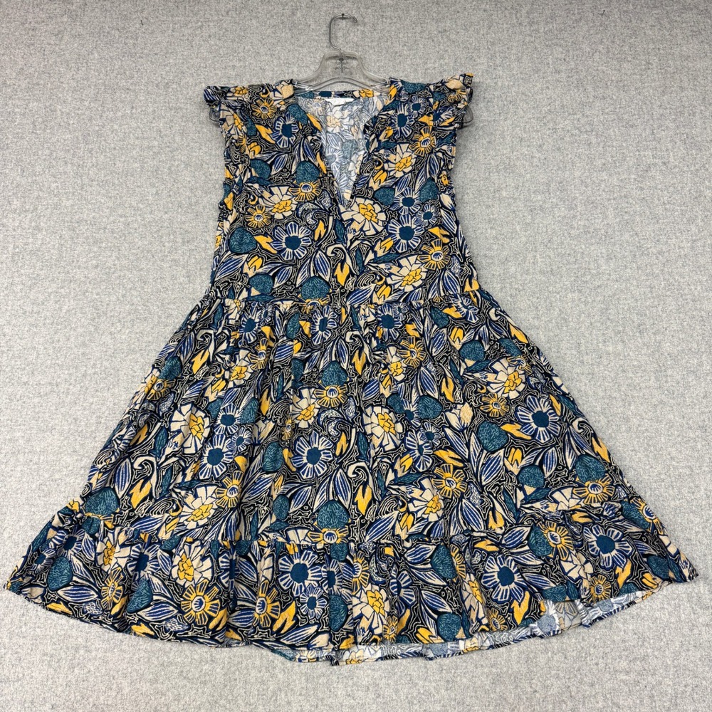 Caslon | Floral Tiered Mini Dress | XS | Blue Yellow | Ruffle Sleeve V-Neck Boho